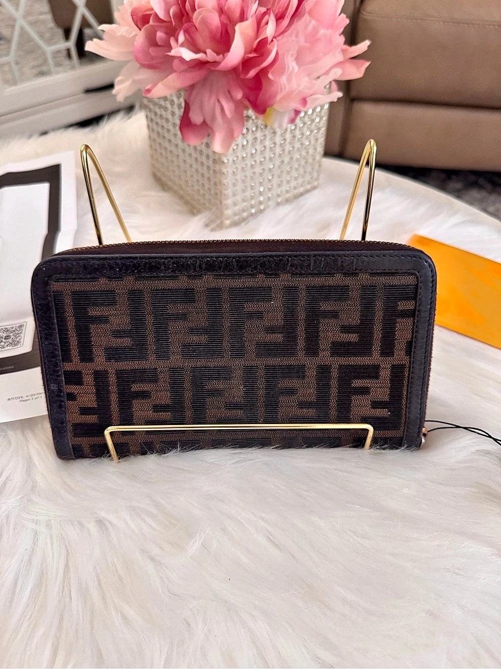 Fendi Zucca Canvas /Leather Zip Around Wallet with COA